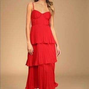 Lulus Cascading Crush Red Tiered Bustier Midi Dress